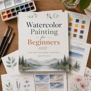 Könnte beinhalten: Ein Aquarellmal-Set mit einem Buch mit dem Titel "Watercolor Painting for Beginners". Das Buch ist umgeben von Aquarellzubehör, darunter Pinsel, eine Palette und Beispielbilder.