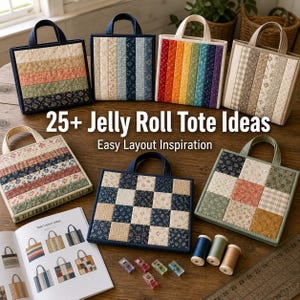May include: A collection of handmade tote bags with various quilted patterns and colors, including stripes, patchwork, and rainbow designs. The image also features sewing supplies and the text "25+ Jelly Roll Tote Ideas".