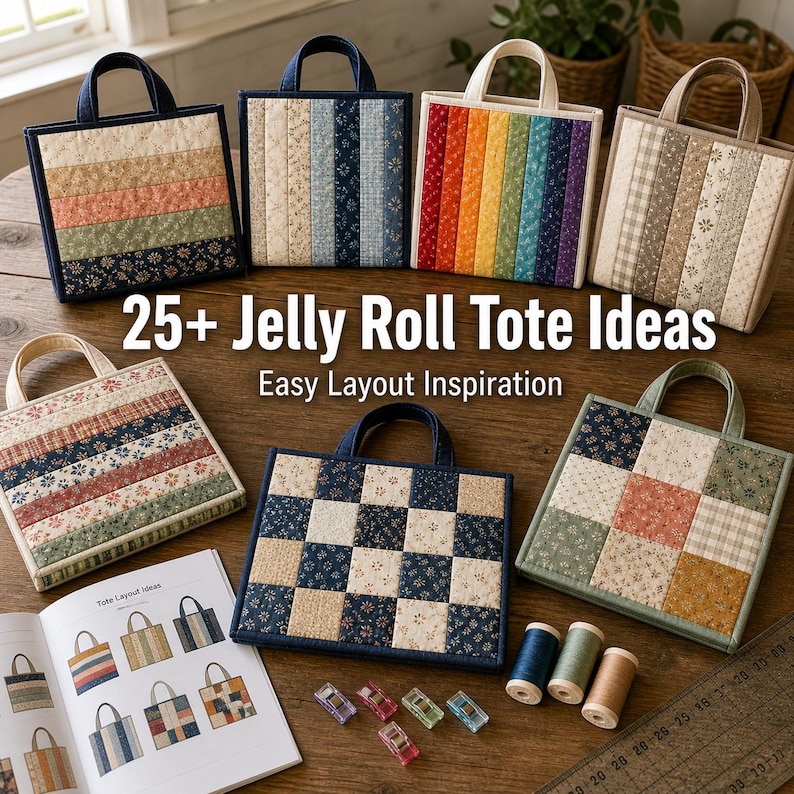 May include: A collection of handmade tote bags with various quilted patterns and colors, including stripes, patchwork, and rainbow designs. The image also features sewing supplies and the text "25+ Jelly Roll Tote Ideas".