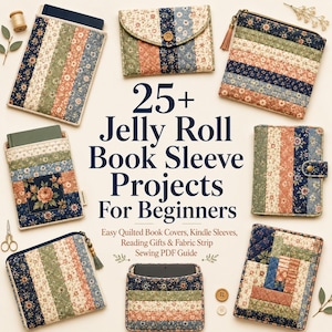 Pode incluir: Uma coleção de capas para livros e bolsas de tecido acolchoado com padrões florais em faixas azuis, verdes e pêssego. O texto central diz 25+ Jelly Roll Book Sleeve Projects For Beginners, Easy Quilted Book Covers, Kindle Sleeves, Reading Gifts & Fabric Strip Sewing PDF Guide.