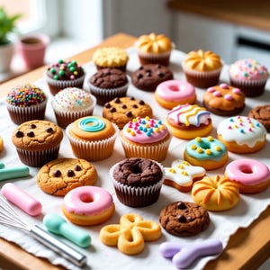 May include: A collection of colorful cupcakes, cookies, and donuts on a white cloth. The cupcakes have various toppings, including sprinkles and frosting. The cookies are chocolate chip, and the donuts are glazed. A whisk and other baking tools are in the foreground.