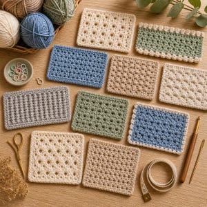 Puede incluir: Una colecci&oacute;n de posavasos de ganchillo hechos a mano en varios colores, incluyendo crema, azul y verde. Los posavasos presentan diferentes patrones y texturas de puntadas. Tambi&eacute;n hay ovillos de lana, un ganchillo, tijeras y una cinta m&eacute;trica.