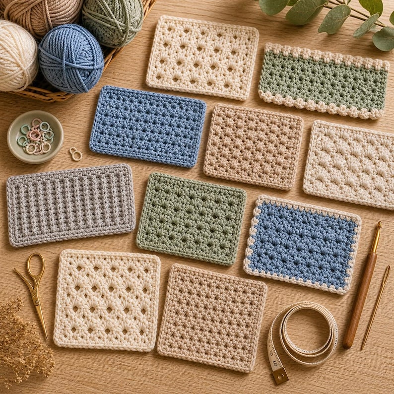 Puede incluir: Una colecci&oacute;n de posavasos de ganchillo hechos a mano en varios colores, incluyendo crema, azul y verde. Los posavasos presentan diferentes patrones y texturas de puntadas. Tambi&eacute;n hay ovillos de lana, un ganchillo, tijeras y una cinta m&eacute;trica.