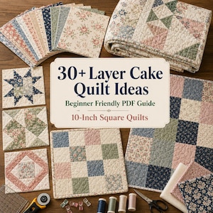 Könnte beinhalten: Eine Sammlung von Stoffquadraten und fertigen Quilts in verschiedenen floralen und geometrischen Mustern. Das Bild enthält ein Schild mit der Aufschrift "30+ Layer Cake Quilt Ideas" und "10-Inch Square Quilts" (25,4 cm). Nähzubehör wie Faden, Schere und Rollschneider sind ebenfalls zu sehen.