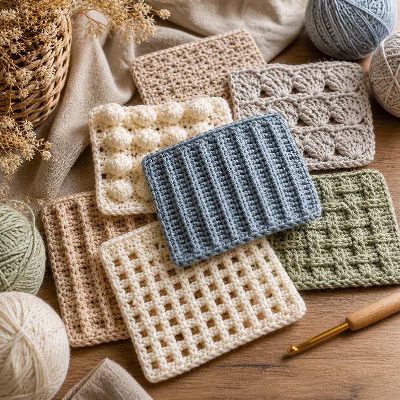 Puede incluir: Una colecci&oacute;n de cuadrados de ganchillo hechos a mano en varios colores neutros, incluyendo beige, crema y azul. Cada cuadrado presenta un patr&oacute;n texturizado &uacute;nico, mostrando diferentes t&eacute;cnicas de puntada. Los cuadrados est&aacute;n dispuestos sobre una superficie de madera, con ovillos de lana y un ganchillo.