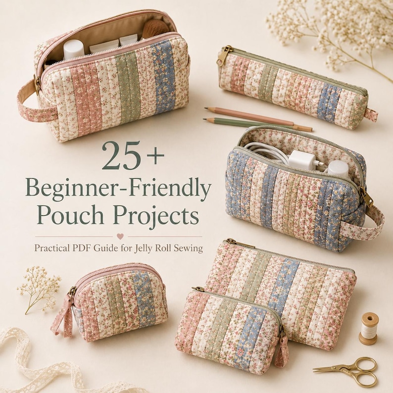 Puede incluir: Una colecci&oacute;n de estuches de tela acolchada de varios tama&ntilde;os y formas, con rayas verticales de patrones florales en tonos apagados de rosa, verde y azul. El texto dice: 25+ Beginner-Friendly Pouch Projects. Practical PDF Guide for Jelly Roll Sewing.