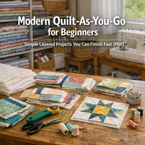 May include: A wooden table displays quilting supplies and projects. The text "Modern Quilt-As-You-Go for Beginners" is visible. There are stacks of fabric squares, a rotary cutter, scissors, spools of thread, and a sewing machine in the background.