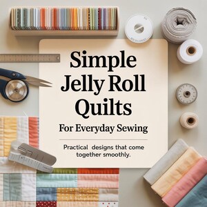 Könnte beinhalten: Eine Anordnung von Quilt-Zubehör, darunter Stoffrollen, Garnspulen, eine Schere und ein Lineal, angeordnet um ein Schild mit der Aufschrift "Simple Jelly Roll Quilts For Everyday Sewing". Das Bild zeigt eine Vielzahl farbenfroher Stoffe und Nähutensilien.