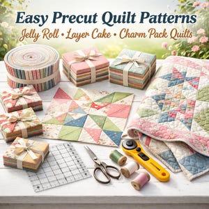 May include: An assortment of precut quilt patterns, including Jelly Roll, Layer Cake, and Charm Pack Quilts. The image features fabric bundles tied with ribbons, a quilt, a rotary cutter, scissors, spools of thread, and a quilting ruler.