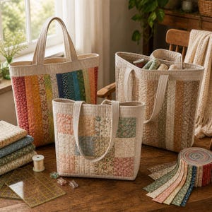 May include: Three quilted tote bags in various sizes, featuring patchwork designs with colorful fabric strips. The bags have sturdy handles and are displayed on a wooden table with sewing supplies, including fabric scraps, thread, and quilting rulers.