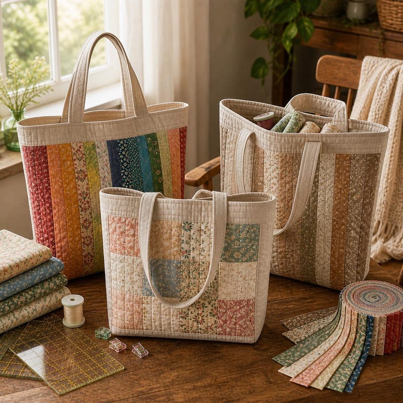 May include: Three quilted tote bags in various sizes, featuring patchwork designs with colorful fabric strips. The bags have sturdy handles and are displayed on a wooden table with sewing supplies, including fabric scraps, thread, and quilting rulers.