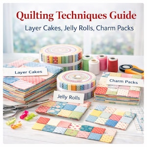 May include: A still-life image showcasing quilting supplies. The image features stacks of Layer Cakes, Jelly Rolls, and Charm Packs, along with spools of thread, scissors, and other tools. The text "Quilting Techniques Guide" is at the top.