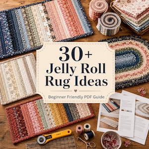 May include: A collection of colorful, quilted jelly roll rugs and fabric rolls. The image features various rug designs, sewing supplies, and the text "30+ Jelly Roll Rug Ideas" with "Beginner Friendly PDF Guide".