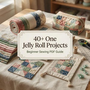 Könnte beinhalten: Eine Nähanleitung mit dem Titel 40+ One Jelly Roll Projects Beginner Sewing PDF Guide, umgeben von einer Stoffrolle, einem gesteppten Beutel, Stoffquadraten, einem Rollschneider, Garnrollen und Nähklammern auf hellem Stoff.