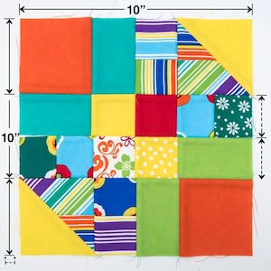 Eenvoudig quiltblokkenpatroon – 10-inch voorgesneden vierkanten, mix-en-match (pdf-patroon)