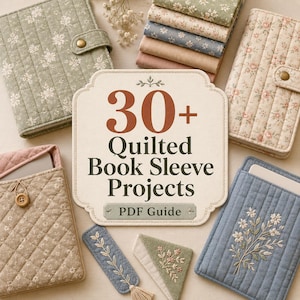 May include: A collection of quilted fabric book sleeves in various floral patterns and colors, including sage green, blue, and beige. A central sign displays the text 30+ Quilted Book Sleeve Projects PDF Guide, surrounded by fabric bookmarks.
