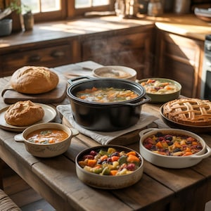 May include: A rustic wooden table displays a variety of home-cooked dishes. A black pot of steaming soup is the centerpiece, surrounded by bowls of soup, a pie, and fresh bread. The scene evokes warmth and comfort.