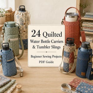 May include: A collection of quilted water bottle carriers and tumbler slings in various floral and solid fabrics, featuring adjustable straps and metal hardware. A central sign displays the text 24 Quilted Water Bottle Carriers & Tumbler Slings Beginner Sewing Projects PDF Guide.