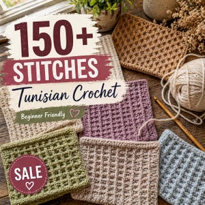 Pode incluir: Apresentação de amostras de crochê tunisiano em várias cores, incluindo verde, roxo e bege, com um padrão de ponto texturizado. A imagem inclui o texto "150+ STITCHES Tunisian Crochet Beginner Friendly" e um adesivo "SALE" em forma de coração.