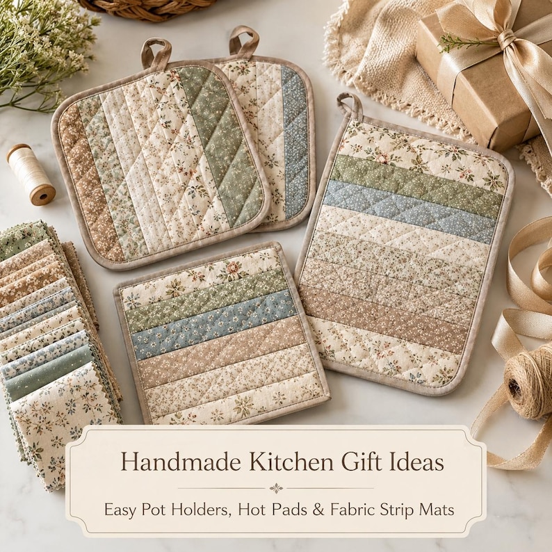 May include: A collection of quilted pot holders and hot pads featuring floral fabric strips in shades of sage green, dusty blue, and cream. The set includes square and rectangular shapes with fabric loops, alongside a stack of matching fabric squares.