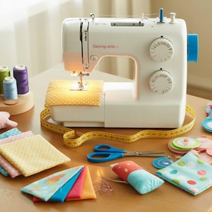 Op de afbeelding: Een witte naaimachine met blauwe accenten, een gele meetlint en diverse naaibenodigdheden zijn op een houten tafel geplaatst. Spoelen garen in oranje, groen en paars staan op een houten houder. Stofvierkanten en een blauwe schaar zijn ook aanwezig.