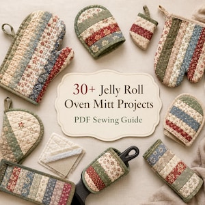 Könnte beinhalten: Eine Sammlung von gesteppten Ofenhandschuhen und Topflappen mit einem gestreiften Blumenmuster in Rot-, Blau- und Grüntönen. Ein zentrales Schild zeigt den Text 30+ Jelly Roll Oven Mitt Projects PDF Sewing Guide in dunkelbrauner Schrift.
