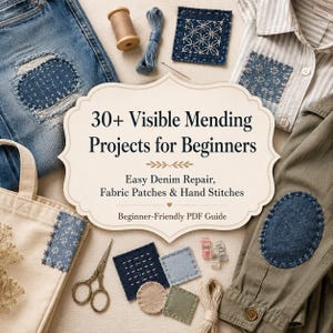 May include: A PDF guide titled 30+ Visible Mending Projects for Beginners surrounded by denim jeans, a striped shirt, an olive jacket, a canvas tote, sewing scissors, thread spools, fabric patches, and sewing clips for textile repair.