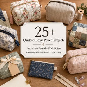 Könnte beinhalten: Eine Auswahl an gesteppten, quadratischen Beuteln in verschiedenen Farben und Mustern, darunter Blumen- und Patchwork-Designs. Das Bild zeigt ein Schild mit der Aufschrift "25+ Quilted Boxy Pouch Projects" und "Beginner-Friendly PDF Guide". Die Beutel sind für Make-up-Taschen, Kosmetiktaschen und Reißverschlussnähen.