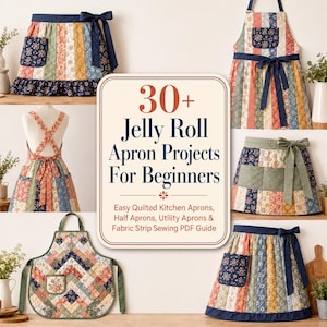 May include: A collection of quilted kitchen aprons and half aprons featuring floral and striped fabric patterns with dark blue or green ties. The central text reads 30+ Jelly Roll Apron Projects For Beginners, Easy Quilted Kitchen Aprons, Half Aprons, Utility Aprons & Fabric Strip Sewing PDF Guide.