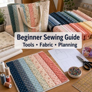 May include: A beginner's sewing guide with tools, fabric, and planning materials. The image features a quilted tote bag, fabric rolls, spools of thread, and a sewing pattern. The text on the image reads: Beginner Sewing Guide Tools &bull; Fabric &bull; Planning.
