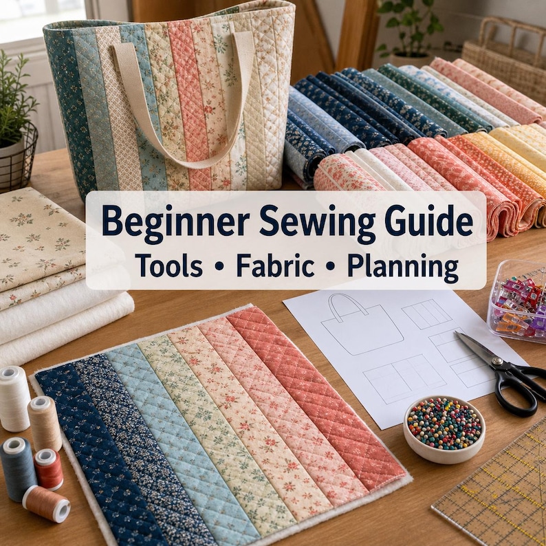 May include: A beginner's sewing guide with tools, fabric, and planning materials. The image features a quilted tote bag, fabric rolls, spools of thread, and a sewing pattern. The text on the image reads: Beginner Sewing Guide Tools &bull; Fabric &bull; Planning.