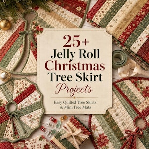 May include: A book cover titled 25+ Jelly Roll Christmas Tree Skirt Projects, featuring text in dark green and red. The cover is surrounded by quilted fabric tree skirts and mini mats in red, green, and cream floral patterns with ribbon ties.
