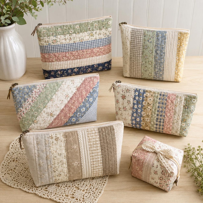 Puede incluir: Una colecci&oacute;n de seis estuches acolchados de diversas formas rectangulares y cuadradas, con dise&ntilde;os de patchwork de flores, cuadros vichy y rayas en tonos pastel suaves como azul, rosa, verde y beige, cada uno con cierre de cremallera met&aacute;lica.