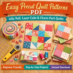 May include: An overhead shot of quilting supplies, including precut fabric squares, a rotary cutter, and spools of thread. The image features the text "Easy Precut Quilt Patterns PDF" and "Jelly Roll, Layer Cake & Charm Pack Quilts". The image also includes the text "Beginner Friendly", "Step-by-Step Projects", and "Instant Download".