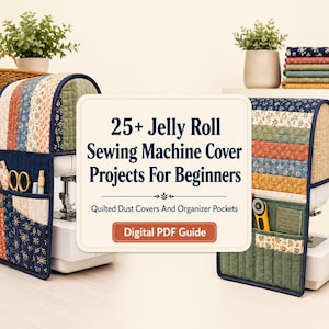 May include: A digital PDF guide titled 25+ Jelly Roll Sewing Machine Cover Projects For Beginners, featuring quilted dust covers with organizer pockets. The covers display colorful floral and striped fabric patterns, with sewing tools stored in pockets.