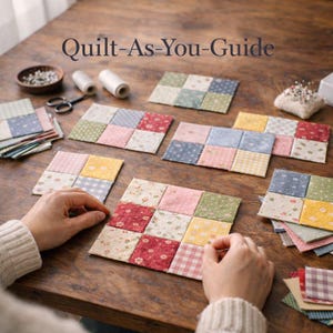 May include: A wooden table displays several patchwork squares in various colours and patterns, with the text "Quilt-As-You-Guide" at the top. The squares are arranged with sewing supplies like thread, scissors, and pins.