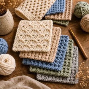 Puede incluir: Una colecci&oacute;n de art&iacute;culos de ganchillo hechos a mano en crema, beige, azul, verde y gris. La imagen presenta varios cuadrados de toallitas de ganchillo con diferentes patrones de puntadas, junto con ovillos de lana y un ganchillo. Sobre una superficie de madera.