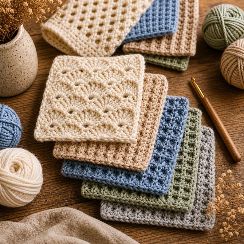 Puede incluir: Una colecci&oacute;n de art&iacute;culos de ganchillo hechos a mano en crema, beige, azul, verde y gris. La imagen presenta varios cuadrados de toallitas de ganchillo con diferentes patrones de puntadas, junto con ovillos de lana y un ganchillo. Sobre una superficie de madera.