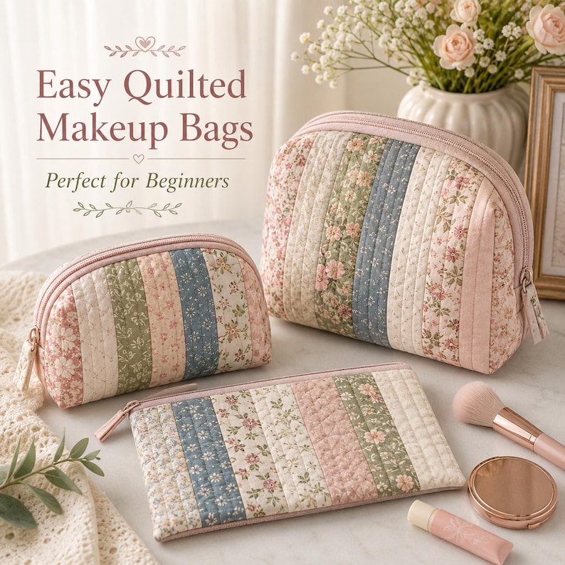 Puede incluir: Tres neceseres acolchados de diferentes tama&ntilde;os con rayas verticales de patrones florales en tonos rosa, verde y azul. Cada bolsa tiene un cierre de cremallera. El texto "Easy Quilted Makeup Bags" y "Perfect for Beginners" es visible.