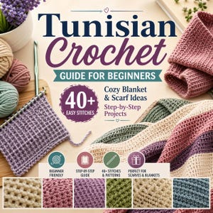 Könnte beinhalten: Buchcover für "Tunisian Crochet: Guide for Beginners". Das Bild zeigt ein lilafarbenes Häkelmuster, Garn und eine fertige Decke. Das Buch verspricht über 40 einfache Maschen und Schritt-für-Schritt-Projekte für Schals und Decken.