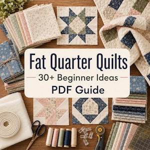 May include: A digital PDF guide titled Fat Quarter Quilts 30+ Beginner Ideas, surrounded by stacks of floral fabric, quilted blocks, sewing thread spools, scissors, a rotary cutter, and a roll of white batting for quilting projects.