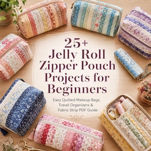 Puede incluir: Una colecci&oacute;n de estuches acolchados con cremallera en varios estampados florales dispuestos alrededor del texto 25+ Jelly Roll Zipper Pouch Projects for Beginners, Easy Quilted Makeup Bags, Travel Organizers & Fabric Strip PDF Guide.