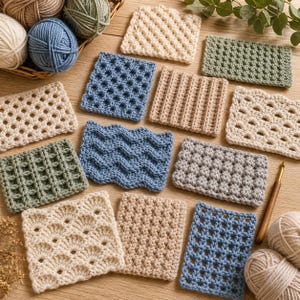 Puede incluir: Una colecci&oacute;n de muestras de ganchillo en tonos crema, azul, verde y beige. Cada muestra exhibe un patr&oacute;n de puntada &uacute;nico, mostrando diferentes texturas y dise&ntilde;os. Tambi&eacute;n se ven un ganchillo y ovillos de lana.