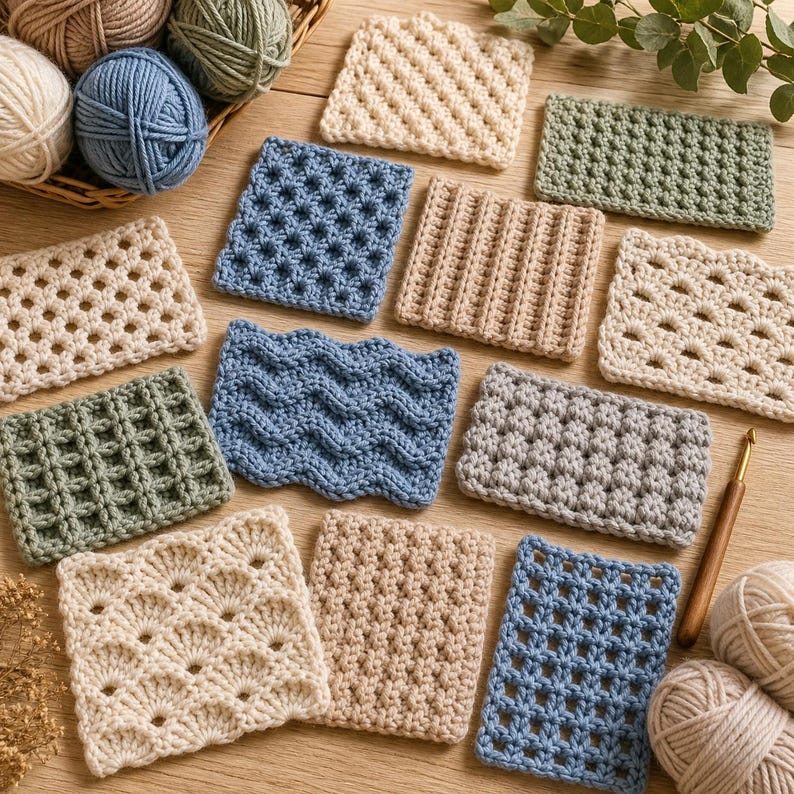 Puede incluir: Una colecci&oacute;n de muestras de ganchillo en tonos crema, azul, verde y beige. Cada muestra exhibe un patr&oacute;n de puntada &uacute;nico, mostrando diferentes texturas y dise&ntilde;os. Tambi&eacute;n se ven un ganchillo y ovillos de lana.