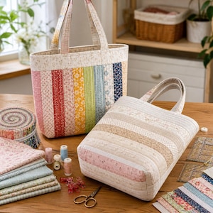 May include: Two quilted tote bags with fabric handles sit on a wooden table. One bag features vertical stripes in a rainbow of colors, while the other has horizontal stripes in neutral tones. Sewing supplies, including thread spools and fabric scraps, are scattered around.