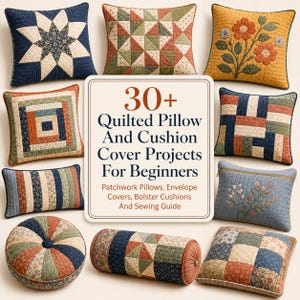 May include: A collection of various quilted pillows and cushion covers featuring patchwork, floral embroidery, and geometric patterns in blue, green, orange, and cream. A central sign reads 30+ Quilted Pillow And Cushion Cover Projects For Beginners.