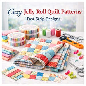 May include: Image of quilting supplies, including fabric rolls, colorful thread spools, scissors, and a patchwork quilt. The text reads "Cozy Jelly Roll Quilt Patterns" and "Fast Strip Designs."