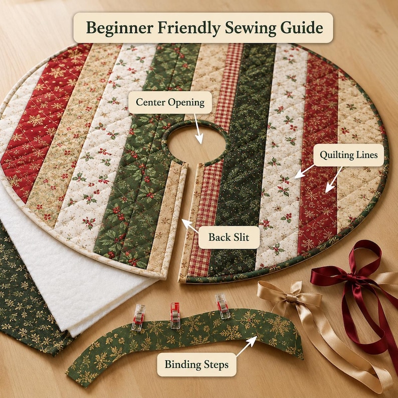 May include: A circular quilted tree skirt featuring alternating vertical fabric strips in red, green, and cream with holiday patterns. The skirt has a center opening, a back slit, and visible quilting lines. Includes fabric pieces, clips, and ribbons.