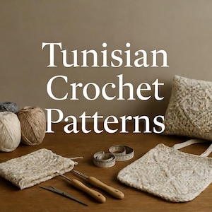 May include: Image featuring Tunisian crochet patterns. The image displays various crochet items, including a pillow, tote bag, and small pouch, along with crochet hooks, yarn balls, and a measuring tape. The text "Tunisian Crochet Patterns" is overlaid on the image.