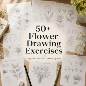 May include: A collection of white paper sheets featuring black ink botanical illustrations and text including Daisy Studies, Tulip Practice, Rosebud Workshop, Petal Studies, Leaf Shapes Practice, Basic Shading Practice, and 50+ Flower Drawing Exercises.